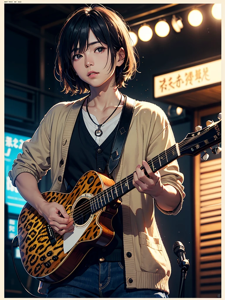 (masterpiece),(Highest quality:1.2),(Very detailed:1.2),(High resolution),(Photorealistic Stick),(RAW Photos),(Highest quality,8k,uhd,Best image quality,masterpiece),(Sophisticated lighting:1.1), (Cinema lighting,Improvement of quality:0.9),((Cowboy Shot)),Very detailedなアートジェム,Gravure photo,Near-blur,Backlight,Delicate Shadows,Lens flare,Sparkle Effect,Vignetting,Japanese singer-songwriter,Kazuyoshi Saito,Black acoustic guitar,Gibson J-45,Sauvage Hair,Leopard print cardigan