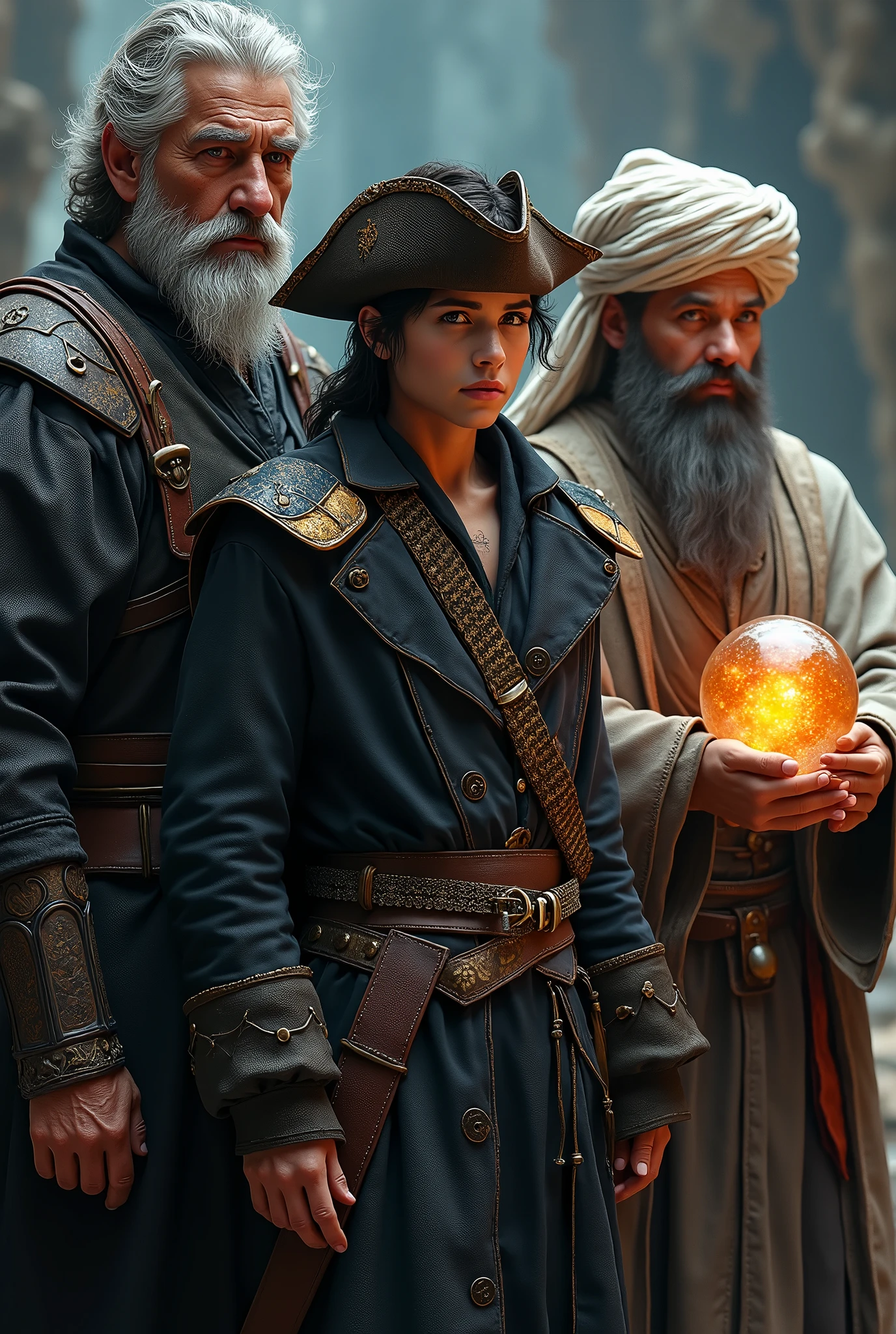 A group of adventurers consisting of a paldin wearing black armor, the paladin is around 40 years old and has gray hair and beard, a pirate, Youngh, in all black clothing wearing an oriental straw hat and a wizard with a white turban, the wizard has only a thin mustache and carries a crystal ball. Image generated in a photorealistic style