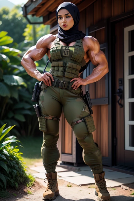 Photorealistic, high resolution, 1 malay woman in hijab, Solo, Hips up, Battlefield background,view the viewer, (Detailed face), White hijab, SWAT vests, sniper rifle handle, camouflage combat suit, Camoflage military uniform, bulletproof vest, Holding an assault rifle, M16, SWAT boots, Inside the jungle of Royal Belum, Very detailed, Perfect face, Black eye, jewelry, (full body view), Lifelike, masterpiece, HDR, 4K