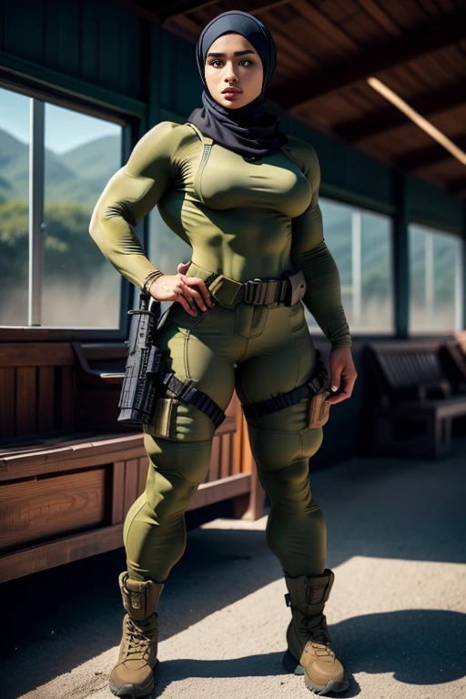 Photorealistic, high resolution, 1 malay woman in hijab, Solo, Hips up, Battlefield background,view the viewer, (Detailed face), White hijab, SWAT vests, sniper rifle handle, camouflage combat suit, Camoflage military uniform, bulletproof vest, Holding an assault rifle, M16, SWAT boots, Inside the jungle of Royal Belum, Very detailed, Perfect face, Black eye, jewelry, (full body view), Lifelike, masterpiece, HDR, 4K