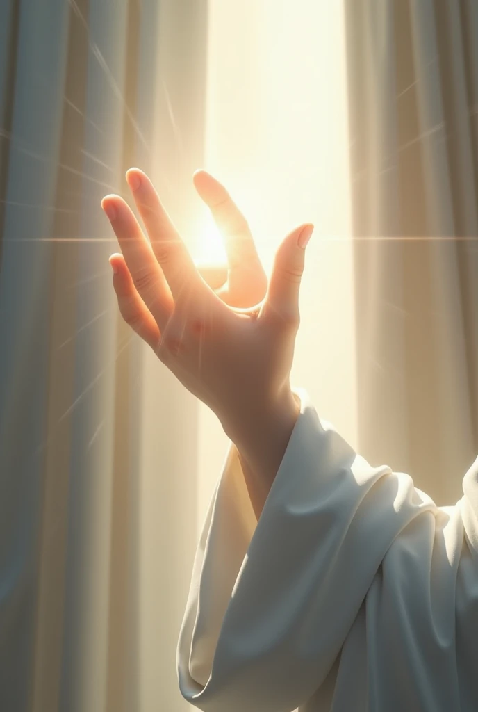 {
  "size": "1280x720",
  "prompt": "A hand and arm of God, dressed in white robes, reaching down as if blessing someone. The hand is depicted with divine light surrounding it, showing a sense of majesty and holiness. The background is simple, with soft lighting that emphasizes the hand and arm, conveying a feeling of peace and divine intervention."
}
