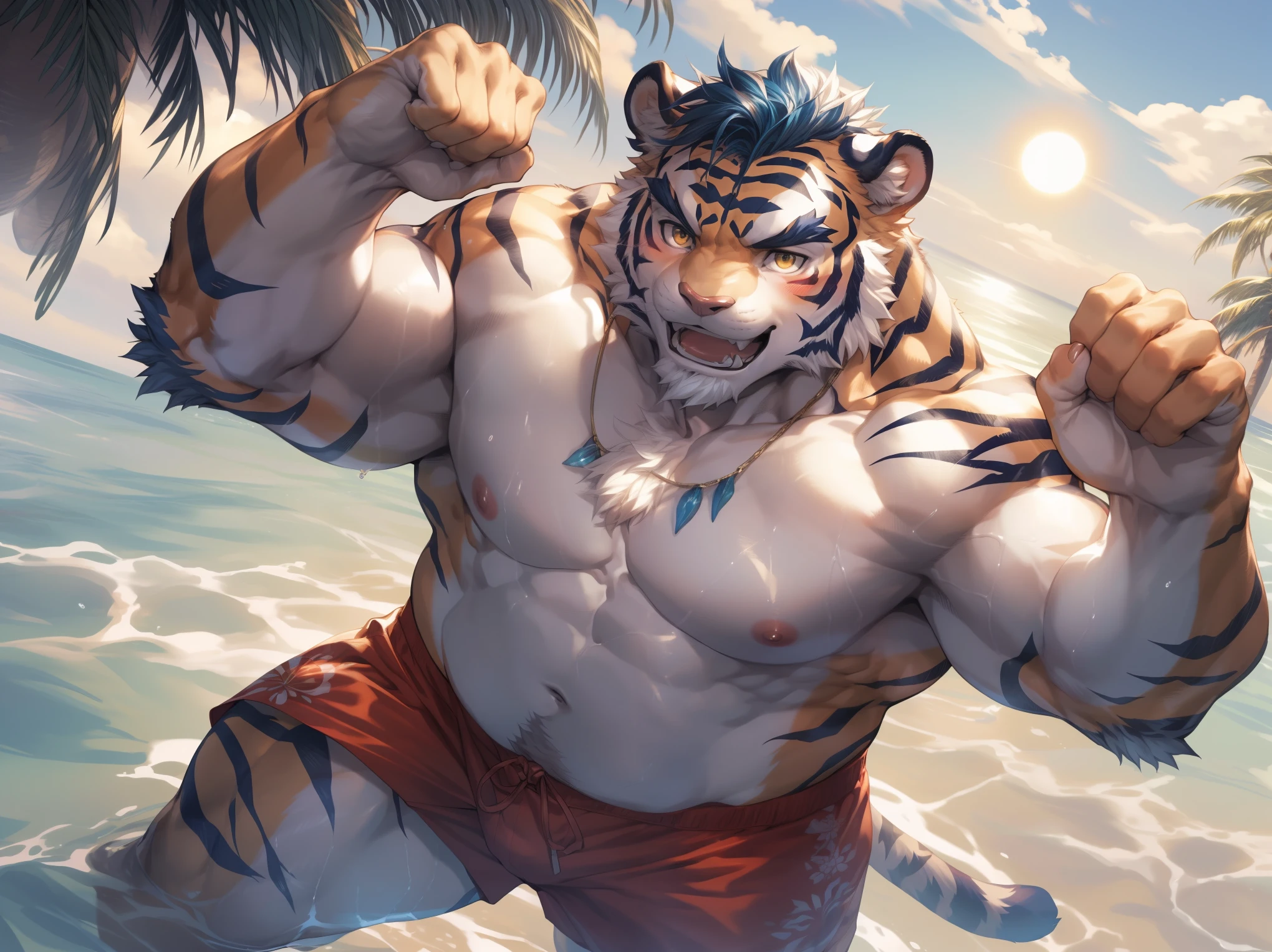 (By Empty Ghost, From thebigslick, By Dark Gem, Will chase), Keyuan Building (Onmyoji Daisenji Temple), High quality photos, Perfect anatomical structure, Anthropomorphic white tiger, male, 30 years old, (tiger print), Thick eyebrows, short hair, White Teeth, Strong body, White pectoralis major, Chubby figure, White swimming trunks, Small bump, Pink milk clusters, Standing on the beach, Looking up, One hand raised above the head to block the sun, happy, blush, Golden pupils, Look up at the sky, Clear facial features, (Dynamic poses:1.5), Strong, solitary, (Top view:1.5), noon, sunny, Coconut Tree, Water waves, (By Empty Ghost, From tiger30, masterpiece, high quality, high resolution, 8k)