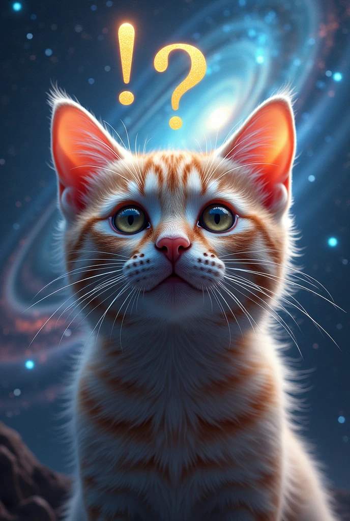 Close-up of a cat face, outer space in the background (stars and galaxies shining beautifully), space cat, large "!?" on the screen is written in large letters on the screen,