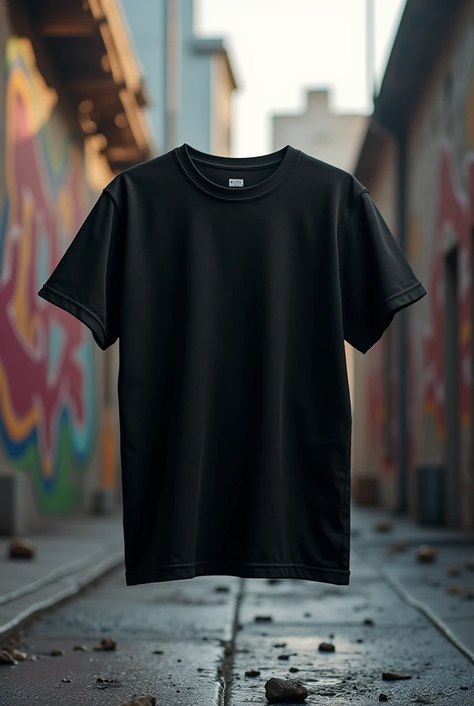 create a floating 3d black t-shirt with street wear style background