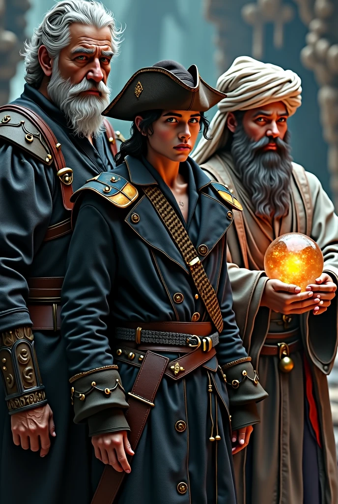 A group of adventurers consisting of a paldin wearing black armor, the paladin is around 40 years old and has gray hair and beard, a pirate, Youngh, in all black clothing wearing an oriental straw hat and a wizard with a white turban, the wizard has only a thin mustache and carries a crystal ball. Image generated in a photorealistic style
