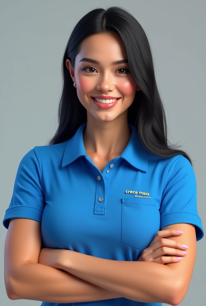 Create a realistic image of an Argentine lady wearing an electric blue polo shirt. In addition to having the word printed on it "CRECE MASS" in the right pocket . She must be smiling and with her arms crossed. Your skin tone should be white and your hair should be black and permanently straight.. Oval face and thick lips with hyaluronic acid