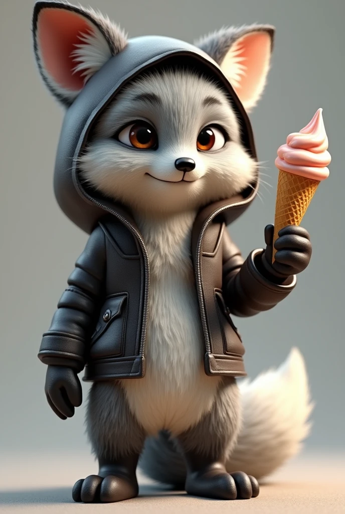"Imagine a realistic 3D fox, wearing a leather jacket and a hood over its head. Its fur should be gray and white. In its hand, it will be holding an empty ice cream cone. The image should have realistic lighting and shadows, with strong colors in a realistic style, and detailed objects and features on the fox. The perspective should be realistic, with the fox perfectly holding the empty ice cream cone."