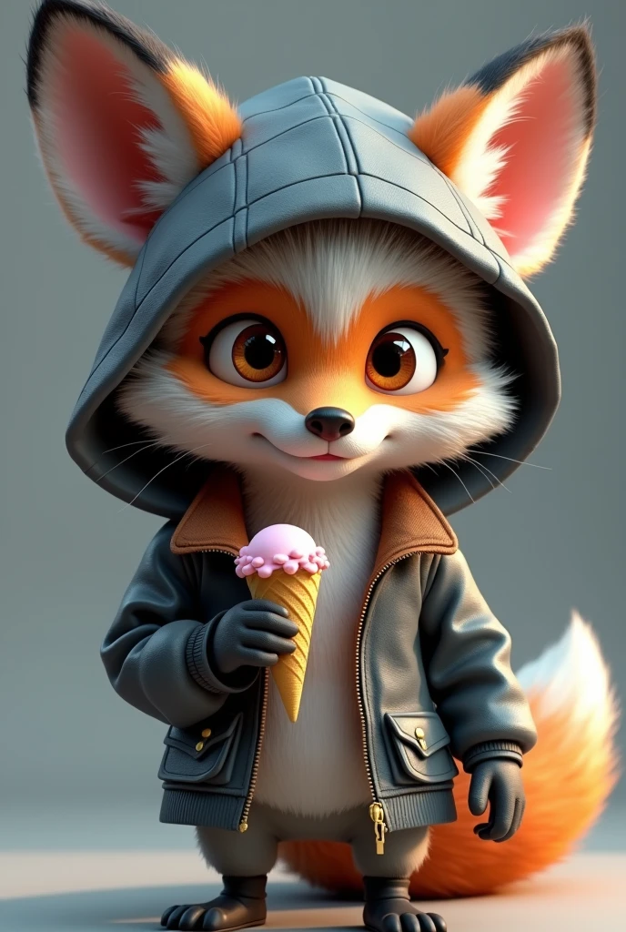 

"Imagine a realistic 3D fox, wearing a leather jacket and a hood over its head. Its fur should be gray and white. In its hand, it will be holding an empty ice cream cone. The image should have realistic lighting and shadows, with strong colors in a realistic style, and detailed objects and features on the fox. The perspective should be realistic, with the fox perfectly holding the empty ice cream cone."