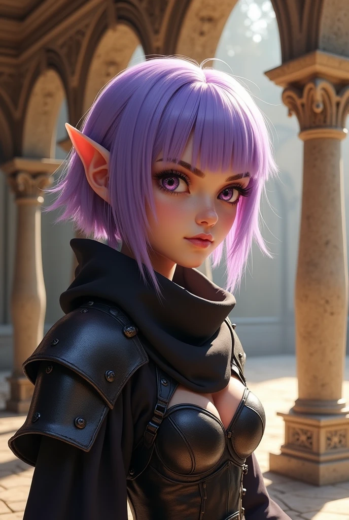 A close-up portrait of a beautiful female gnome character with sabrina, lavender hair, short hair and blunt bangs. She has a serious, determined expression with highly detailed and expressive eyes, delicate features, sensual lips, and flawless complexion. The character is wearing a fantasy black leather armor with long claws and long nails focus, appearing as a rogue or fighter. The scene is set in a fantasy environment, possibly inside stone chambers with beautifully adorned columns, creating an ethereal, dreamy and romantic atmosphere. The lighting is warm and glowing, with a soft focus and gentle breeze, giving the image a filmic, summer vibes aesthetic. The character's feminine posture and graceful movements are seamlessly integrated with the detailed background, resulting in a visually stunning and professional-quality artwork.