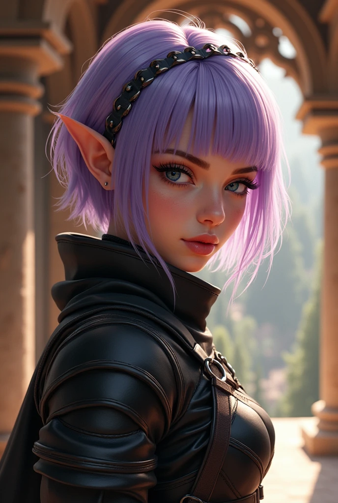 A close-up portrait of a beautiful female gnome character with sabrina, lavender hair, short hair and blunt bangs. She has a serious, determined expression with highly detailed and expressive eyes, delicate features, sensual lips, and flawless complexion. The character is wearing a fantasy black leather armor with long claws and long nails focus, appearing as a rogue or fighter. The scene is set in a fantasy environment, possibly inside stone chambers with beautifully adorned columns, creating an ethereal, dreamy and romantic atmosphere. The lighting is warm and glowing, with a soft focus and gentle breeze, giving the image a filmic, summer vibes aesthetic. The character's feminine posture and graceful movements are seamlessly integrated with the detailed background, resulting in a visually stunning and professional-quality artwork.