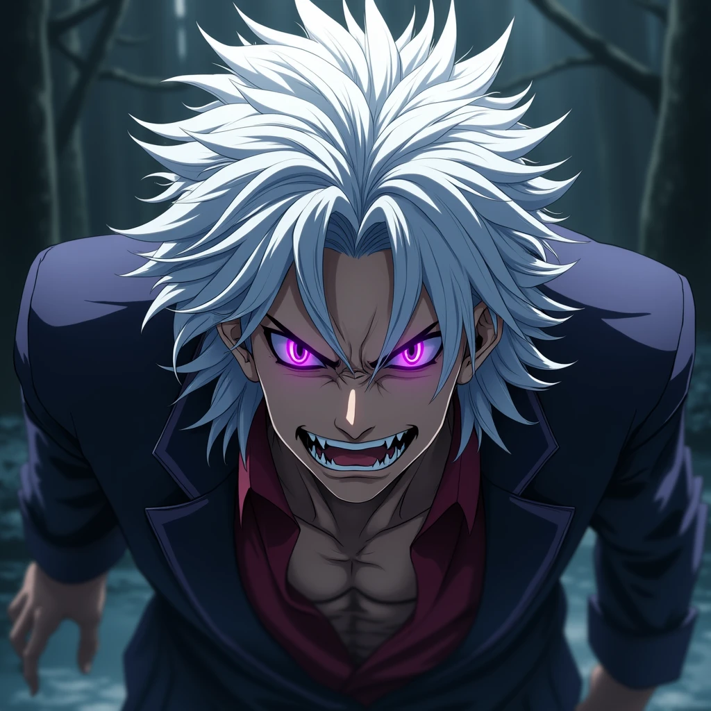 Male, anime, long hair, messy hair, white hair, hot, purple eyes, crazy, villain