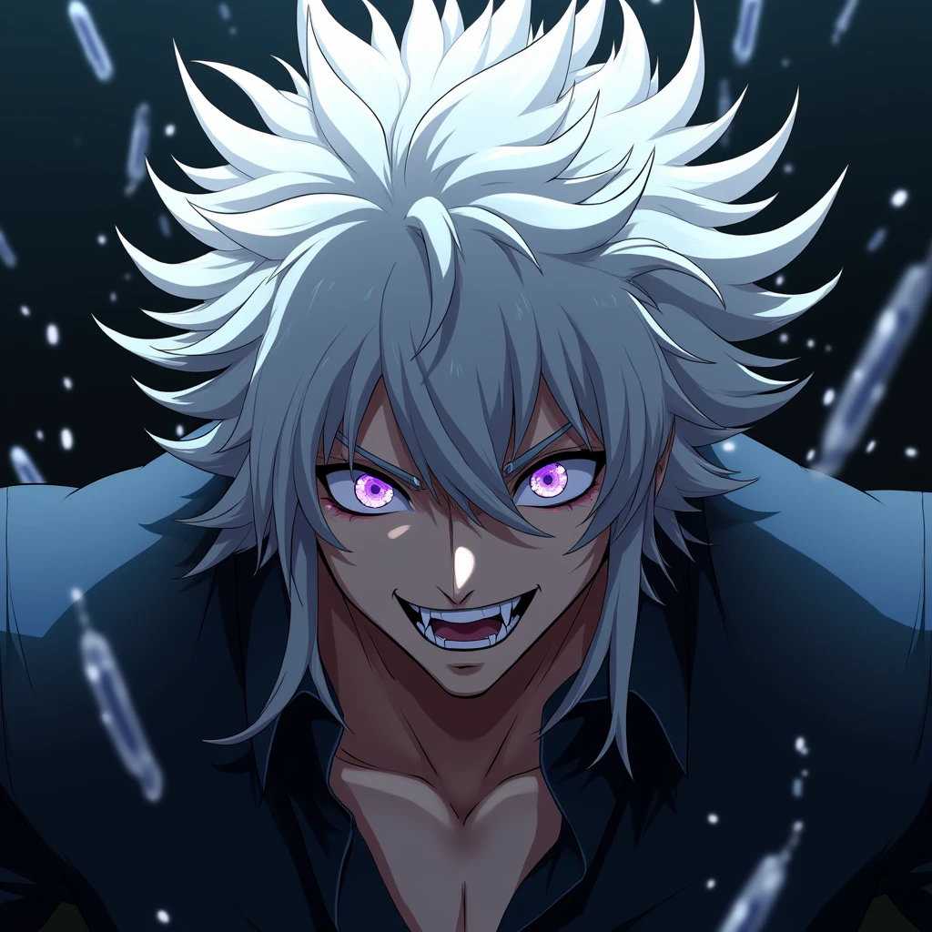Male, anime, long hair, messy hair, white hair, hot, purple eyes, crazy, villain