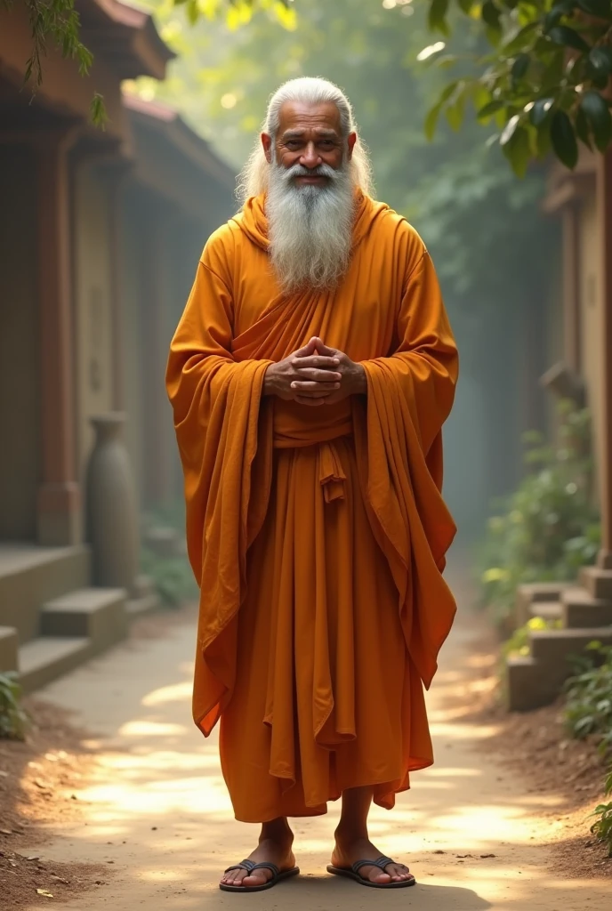 Monk in standing position, with safron colour cloths, white long beard,mostly white long hair,look like Indian face, covers all body with clothes, with sleeper,in aashram, middle age, little smiley face,