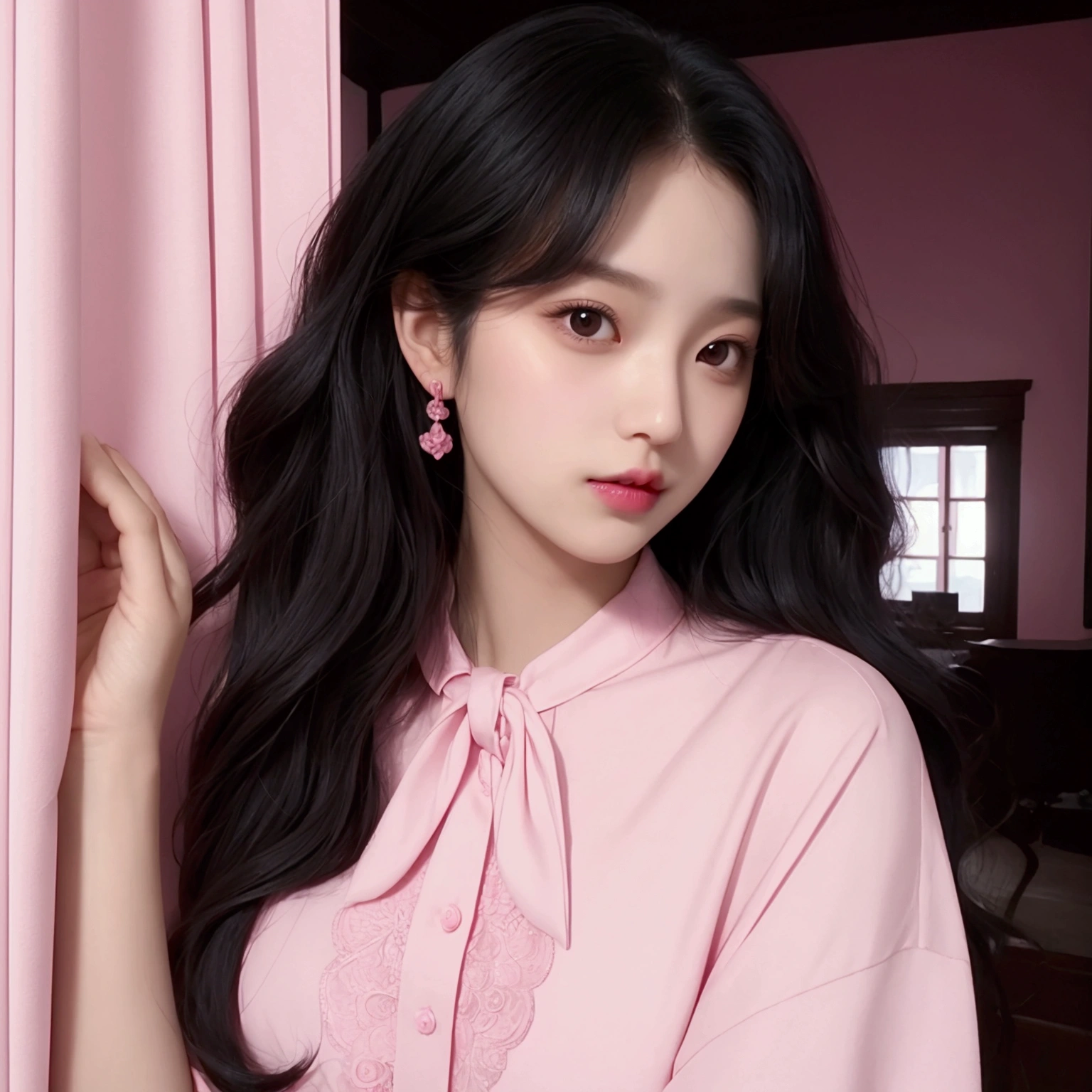 A woman in a pink blouse, long black wavy hair, black eyes, pink lips and turned up nose, posing for the camera in a house