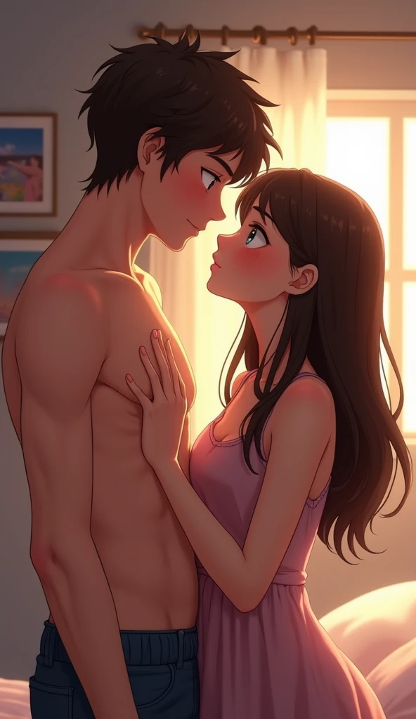 Room background with bed and window, Hazel-eyed, brown-haired boy shirtless about to kiss dark-brown-haired, blue-eyed girl. Both staring at each other and she touching the boy&#39;s chest. realistic animation 