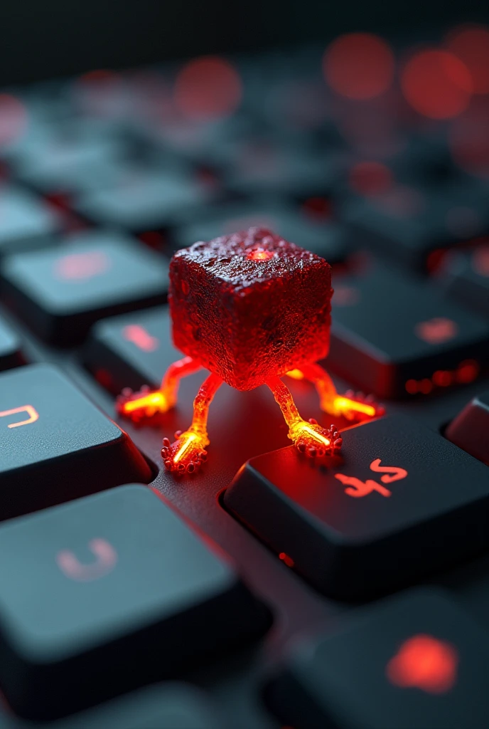 Make me a character without human features that is microscopic, not visible to humans, and that lives on a key on a keyboard that has a square head and no nose or mouth and its body is red with legs of fire.