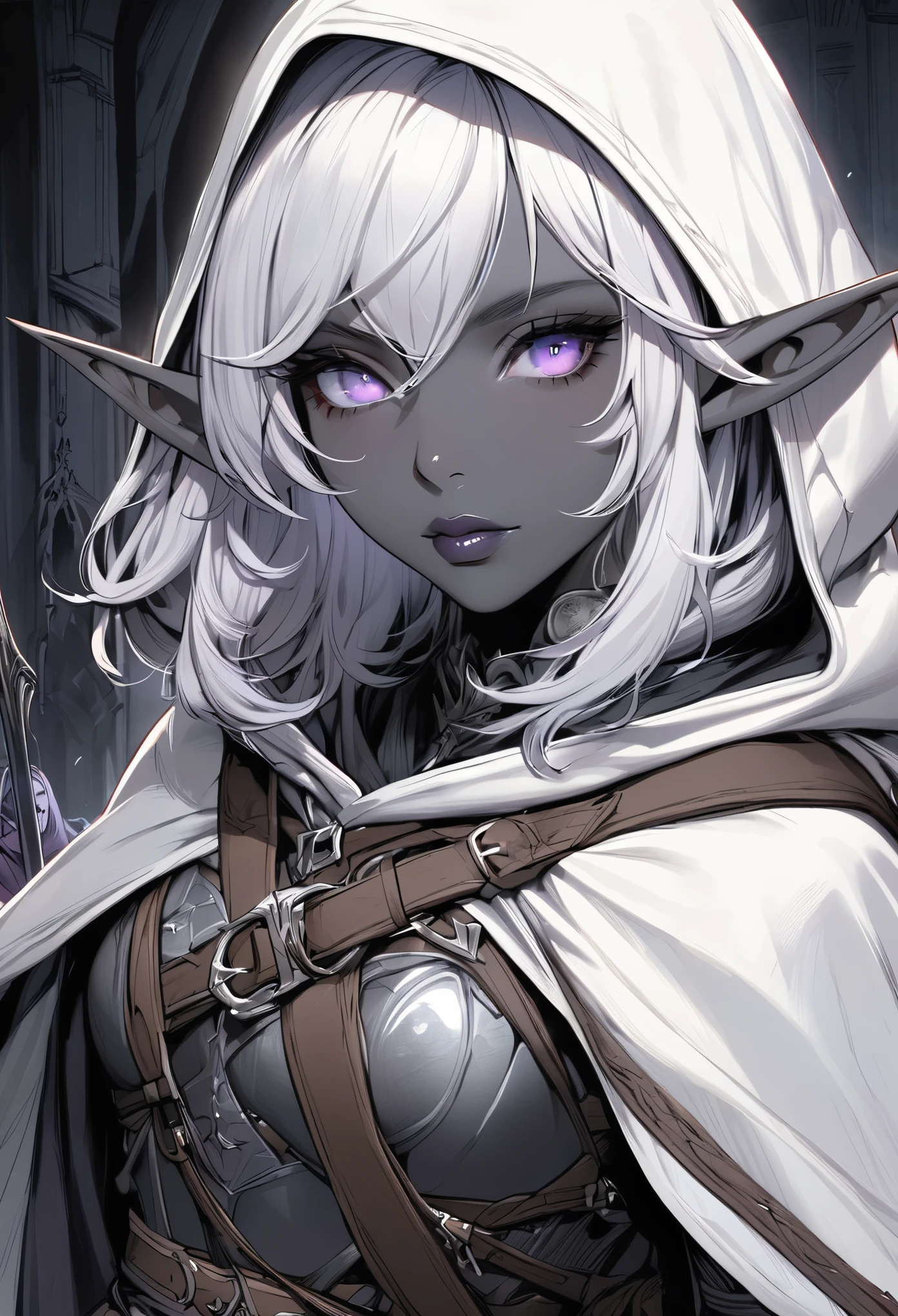 drow,  pointed ears, Single, elf, Hood, Skin color, I look at the audience, Long silver hair, cloak, dark elf, Hood up, e.g, Hooded cloak, belt, pouch, lavender-colored eyes, gray skin, upper body, weapon, lips, armor, black/White icon, potion belt, smith tools on belt,((masterpiece, Best quality))