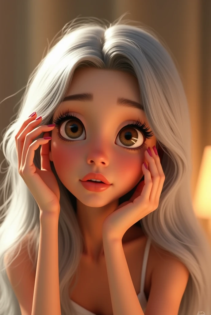 Pixar young woman long silver hair brown eyes applying eyelashes 