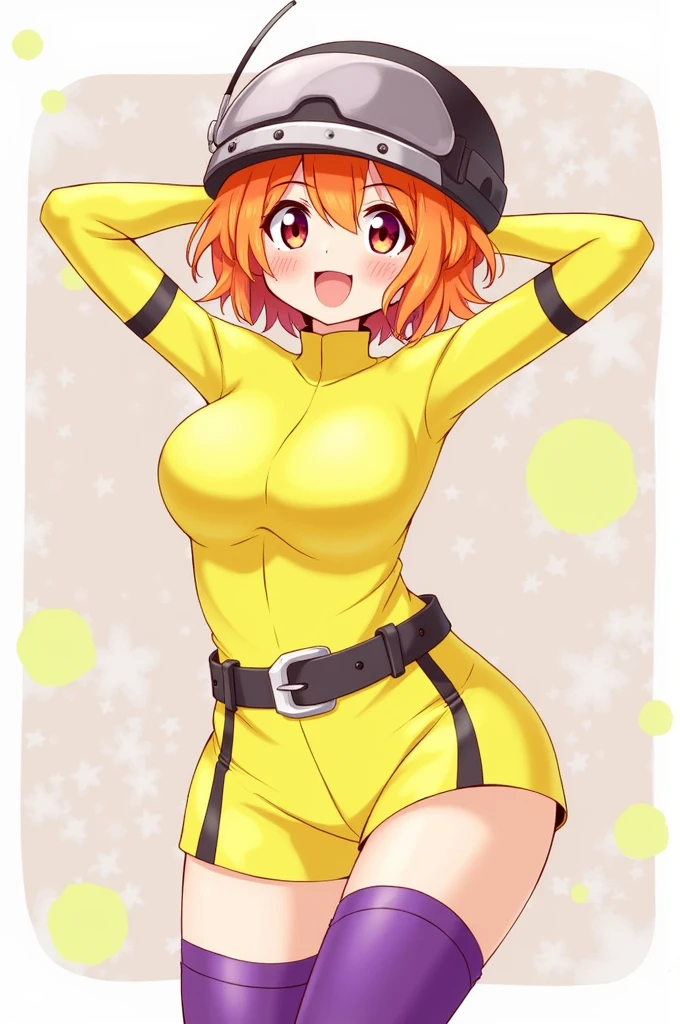 Masterpiece, high quality, happy, 1girl, orange hair, short hair, curly hair, freckles, helmet, bodysuit, yellow shirt, short sleeves, long sleeves, belt, yellow small shorts, purple thighhighs, sexy body, gorgeous body, beautiful, beautiful legs, solo