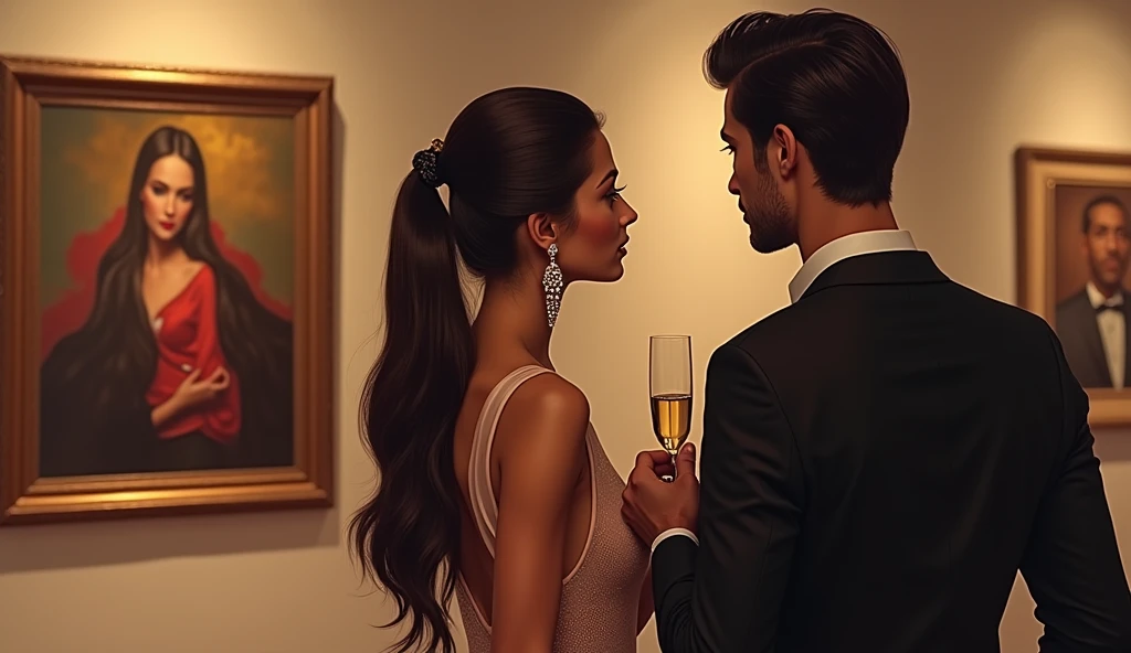 Couple at an exclusive art gallery in New York: A wealthy couple, dressed in high fashion, admires artwork at a private showing in an exclusive New York art gallery. The woman wears diamond earrings, and the man holds a glass of champagne with dollar bills subtly visible.