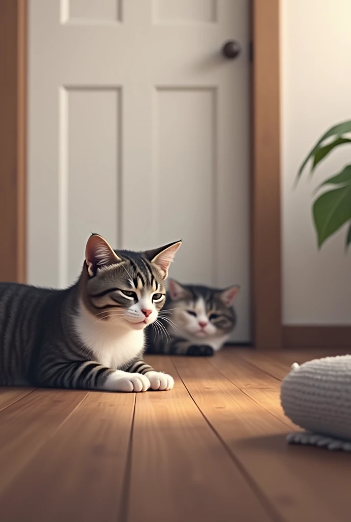 Two cats are lying on a wooden floor in a cozy room。 Which cat has a white belly?、It has a mixture of dark fur and grey and black stripes.。 Both cats relaxing、I'm lying there watching、Near the white wall and door。 The floor is a medium dark wood color、And the lighting is soft、Creates a comfortable atmosphere。