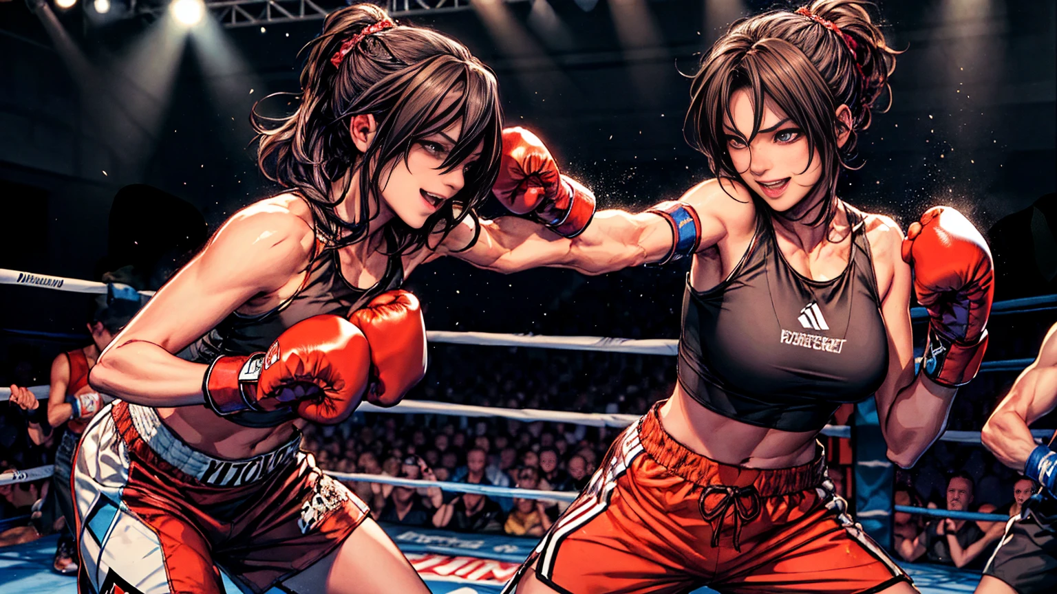 Professional female bantamweight boxers、Wearing a tight-fitting tank top and short running pants, clenching his fist、With a confident smile, he clenches his fist and attacks the viewer.、In dynamic poses、boxing ring、During a boxing match、The crowd is gathering。