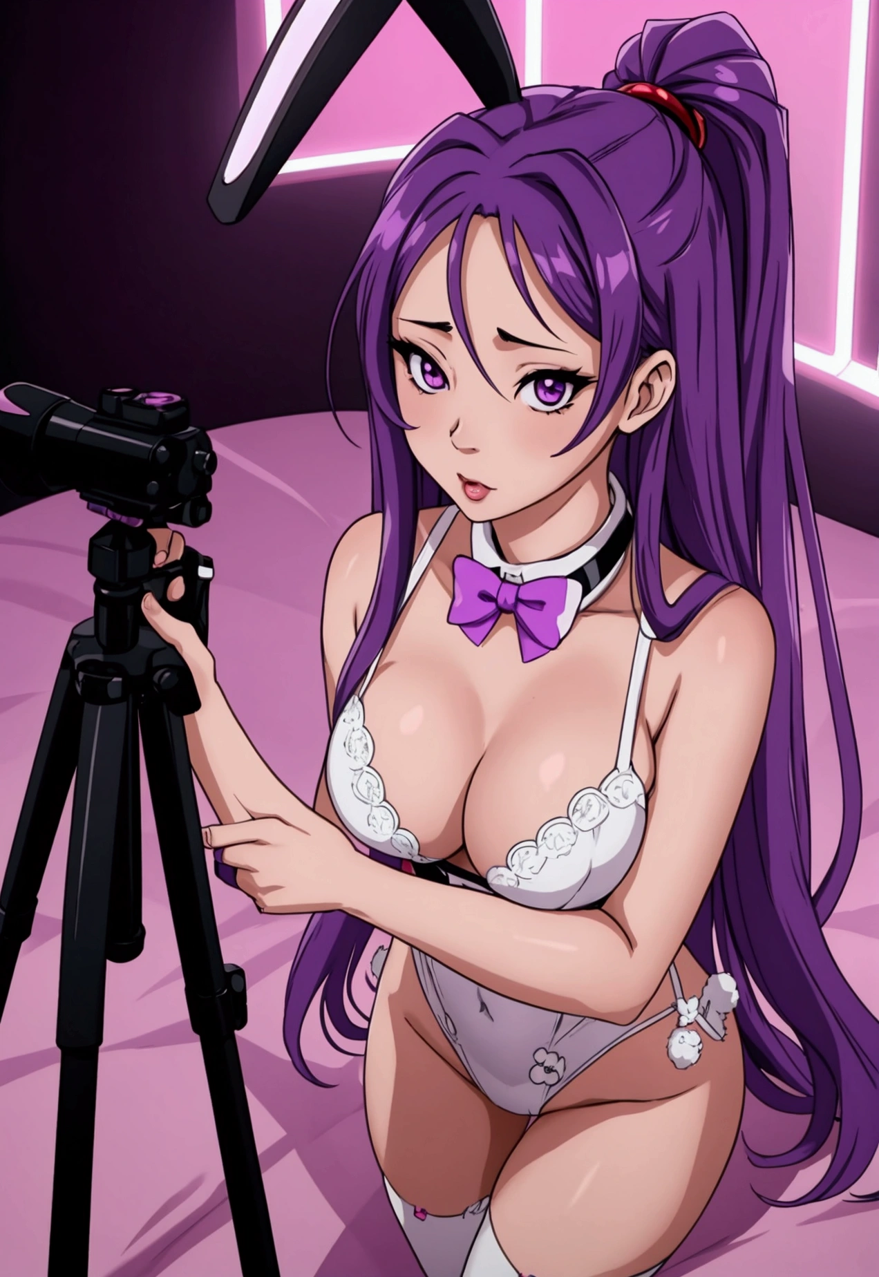 Sexy otaku with sexy anime bunny cosplay and purple pleuca taking a xxx video in front of a ring of light with her cell phone on her tripod for her onlyfans, Inside the cell phone you can see a photograph of a vagina
