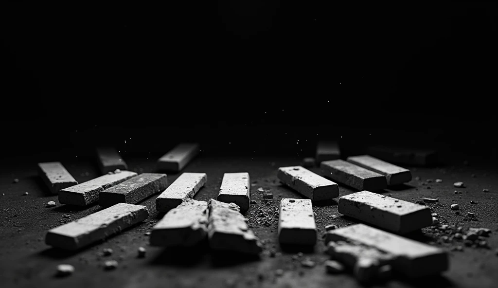 broken piano keys on a black background with dust and little particles, black and white photograph, 4K