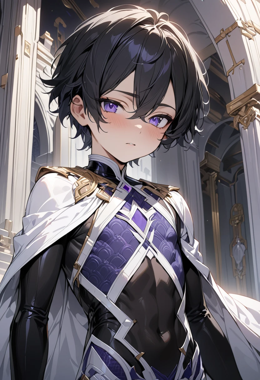 high quality,(best quality,4K,a high resolution,masterpiece:1.2),super detailed,(1 boy),(solo),juvenile,(Male juvenile),  boy,black hair,black bodysuit with purple pattern,short hair,purple eye,single photo,the white temple of light,magnificent palace background,Wearing a white cape behind