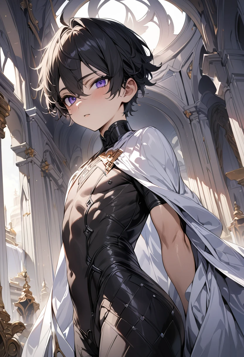 high quality,(best quality,4K,a high resolution,masterpiece:1.2),super detailed,(1 boy),(solo),juvenile,(Male juvenile),  boy,black hair,black bodysuit with purple pattern,short hair,purple eye,single photo,the white temple of light,magnificent palace background,Wearing a white cape behind