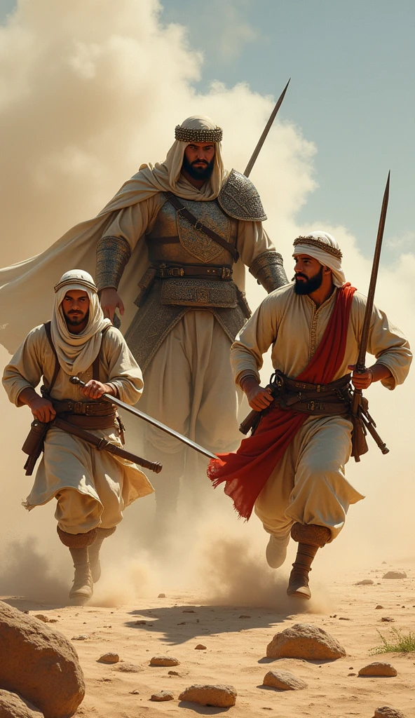 Prompt 2: "Illustrate two young Muslim warriors, Mu’awwidh bin Afra and Mu’adh bin Amr bin Jamuh, courageously charging towards an imposing, fierce Arab leader in traditional armor, portraying Abu Jahal in the heat of battle."