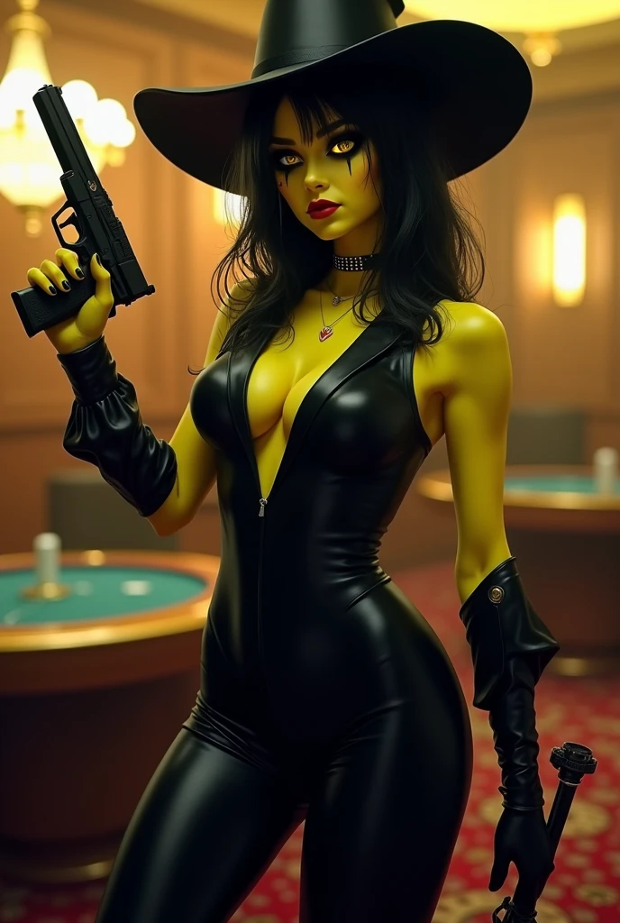 Yellow skinned girl, with one eye in the shape of a triangle and completely black and his other eye yellow and psychopathic, with black magician hat, a sexy black suit, in a casino, that brings a bow, and brings a gun 