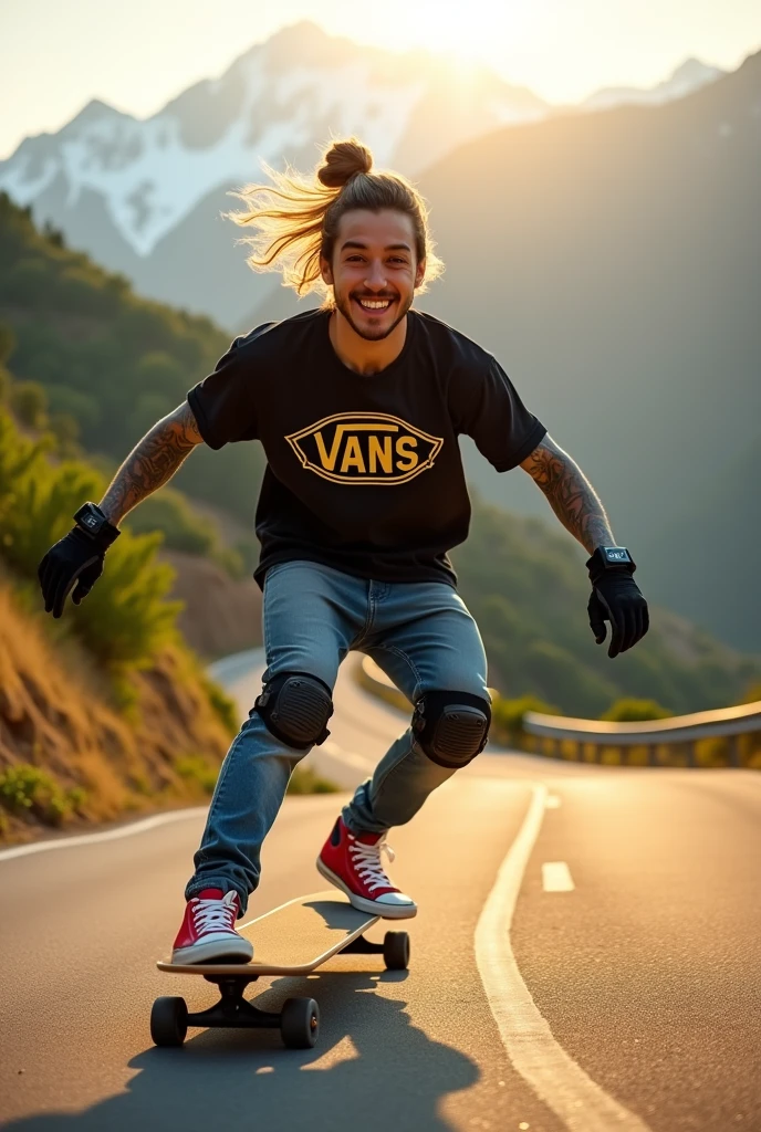 An adrenaline-filled shot of a Korean youn man with man bun hair covered in tattoos on his arms, confidently riding a skateboard down a winding mountain road, framed by the golden light of the setting sun. He is wearing a black t-shirt with a vintage VAN logo on his chest and a bag on his back, and denims jeans and use red converse shoes. The man dimple smiles at the camera, his hands protected by black gloves, adding a personal touch to the thrilling scene. He also wears knee and elbow pads, ensuring safety as he navigates the turns with ease. The background features rolling green hills and snow-capped mountains in the distance, creating a stunning contrast to the rider’s dynamic movements, amplifying the excitement. In the distance. The image exudes the thrill of downhill skateboarding, the beauty of the natural scenery, and the fearless energy of the rider, with an Instagram-worthy atmosphere.