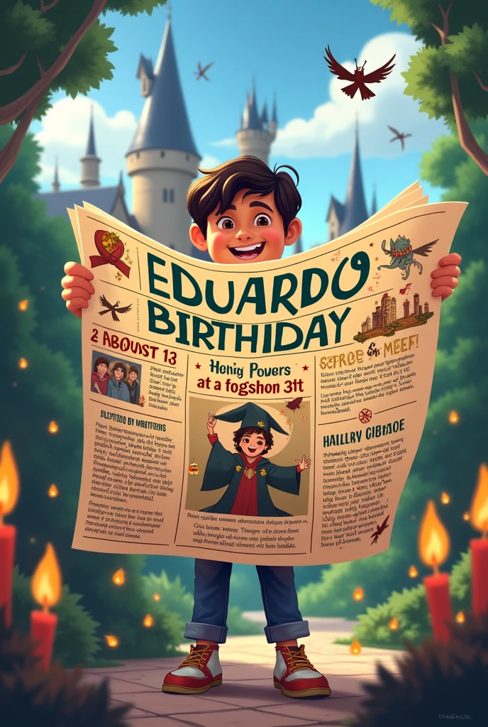 Create Inspired by the Hogwarts newspapers An Image talking about Eduardo's birthday Which takes place on August 28th and will have his party on August 31st