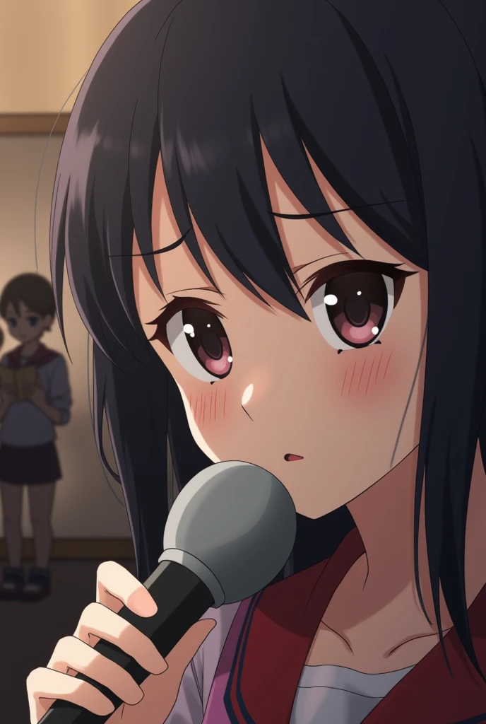 handjob,side view,face focus,eye-level shot,,Short sleeve shirt,Checked tie,Checked Skirt,open mouth,tongue out,cum on tongue,lick,(1girl,Beautiful 14 year old girl),front face,from front,looking at viewer, looking ahead,Black Hair,Short Twin Tails,Gray Eyes,Drooping eyes,slit pupils,narrow eyes.Beautiful and detailed anime art,Mischievous smile,Dimly lit room,Simple Background,Gray background,Low lighting