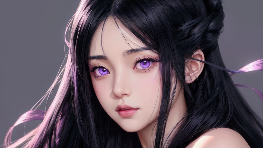 Gorgeous anime woman with long black hair,, purple eyes,, big boobs, fair skin and , Realism style. 4K anime close up portrait.