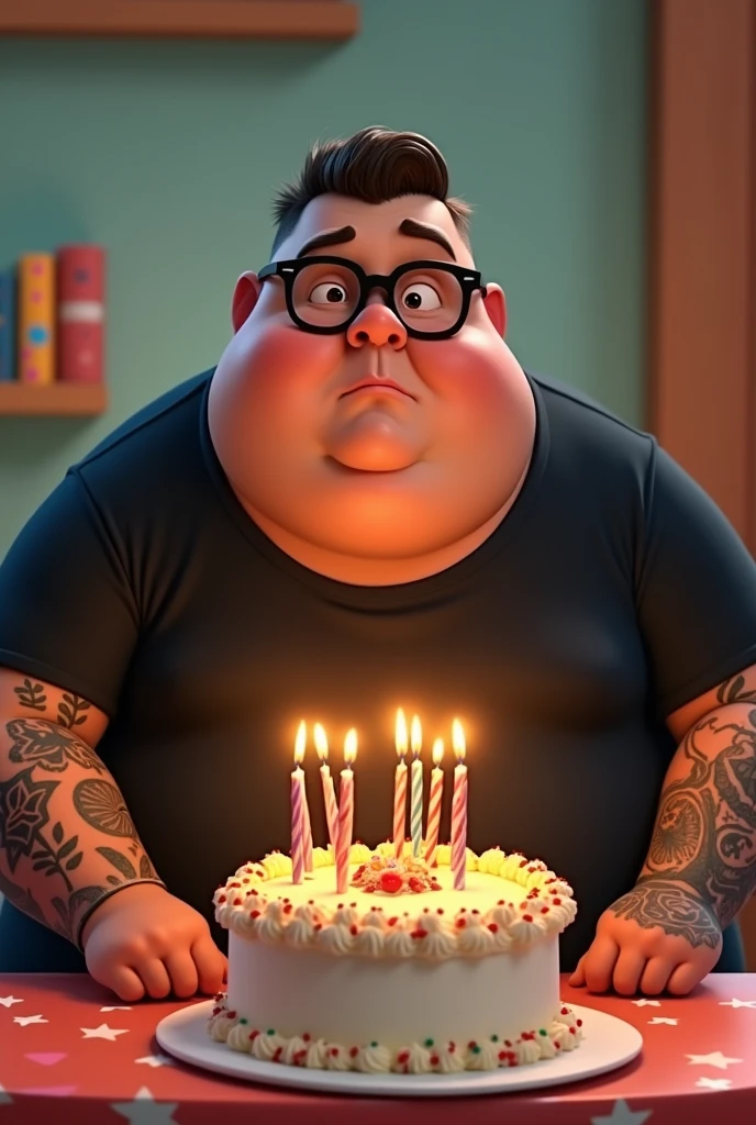 Disney Pixar style character of chubby man dressed in black with a masculine face, brown hair combed to the side with black glasses, tattooed arms blowing a birthday cake