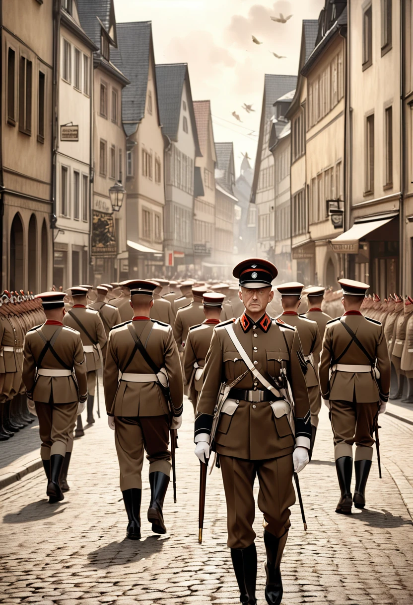 Very old sepia-toned RAW photo、Former German soldiers march in formation down a beautiful street in Germany。The soldiers look desperate、A rabbit is watching the soldiers、Very old photos that show the horror of war、A shot of a rabbit looking at a formation of soldiers from behind、Realistic、フォトRealistic、スーパーフォトRealistic、(high resolution、Masterpiece、Best Quality、4K,8k、:1.3).Ultra Detail、Ultra-fine painting、Physically Based Rendering、Professional photo resolution、Award-winning photography、