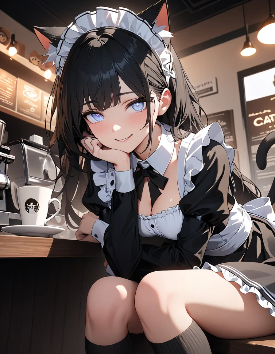 (high quality, 8k, 4K, High Contrast, masterpiece:1.2, 最high quality, Best aesthetics), beauty, maid,Cat ear, Very detailed, Seductive and erotic girl with lace headdress, smile, , Focus on the face, Focus on the face, Complex eyes, Black knee-high socks, coffee shop, Sitting, Dynamic Angle,