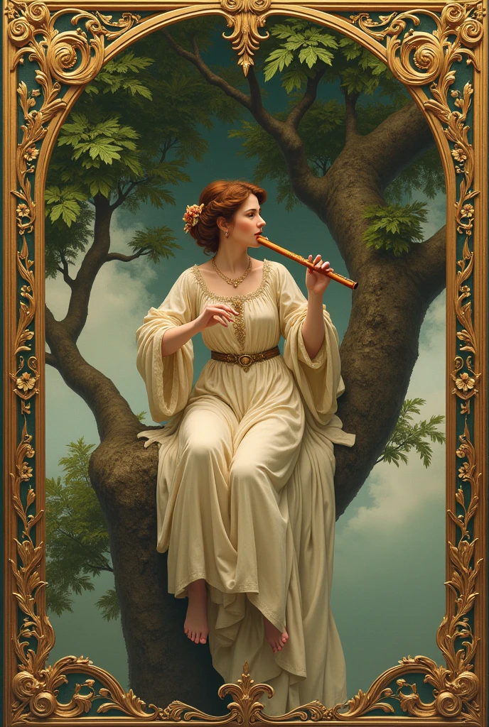 Woman playing the flute with both hands sitting in a tree, Renaissance style.
Very decorated frame, Mucha Style.
