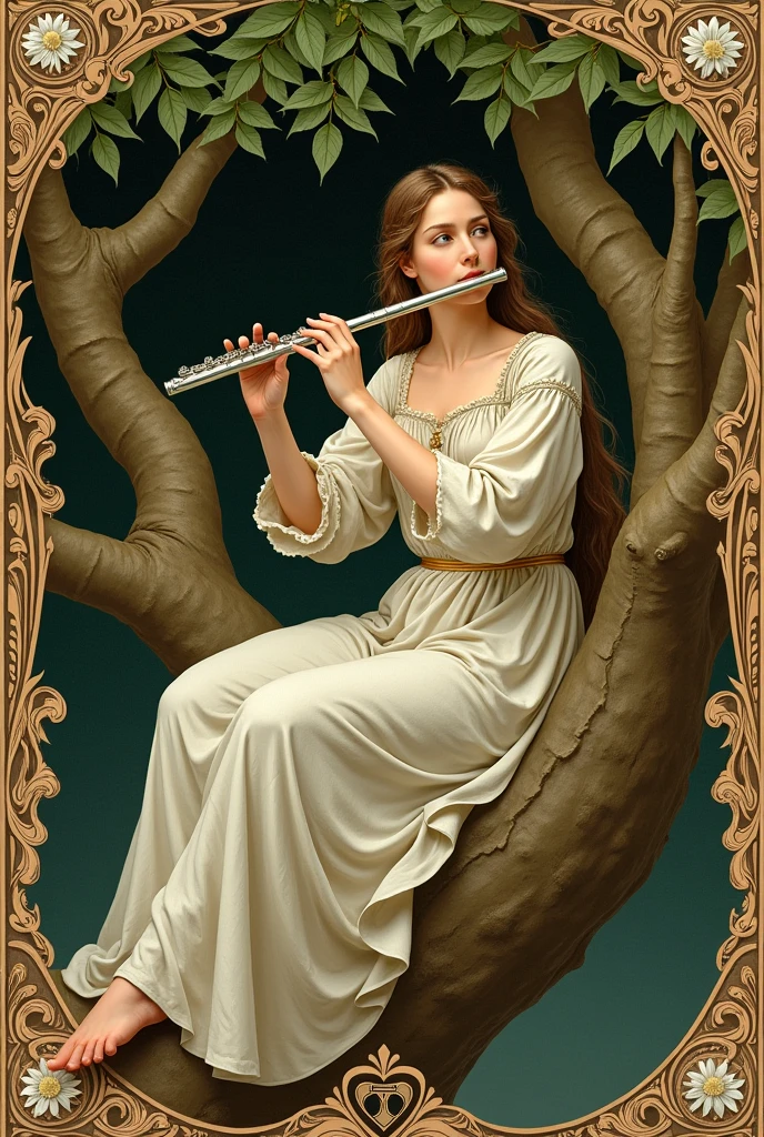 Woman playing the flute with both hands sitting in a tree, Renaissance style.
Very decorated frame, Mucha Style.
