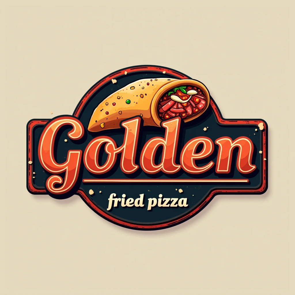 Create a logo image for a restaurant called “Golden” that will be highlighted, with the text “fried pizza” semi-highlighted and “delivery” below. The logo should incorporate a calzone. Use bold, industrial-style fonts for the business name “Golden” to convey strength and durability. Include a color palette that reflects a delivery restaurant, with metallic hues like red and orange accented by a vibrant, contrasting color like black or blue to represent heat and intensity of flavor. The design should be clean, modern, and professional, suitable for branding on various materials, such as business cards, signage, and company vehicles., 3D rendering. the background should be neutral