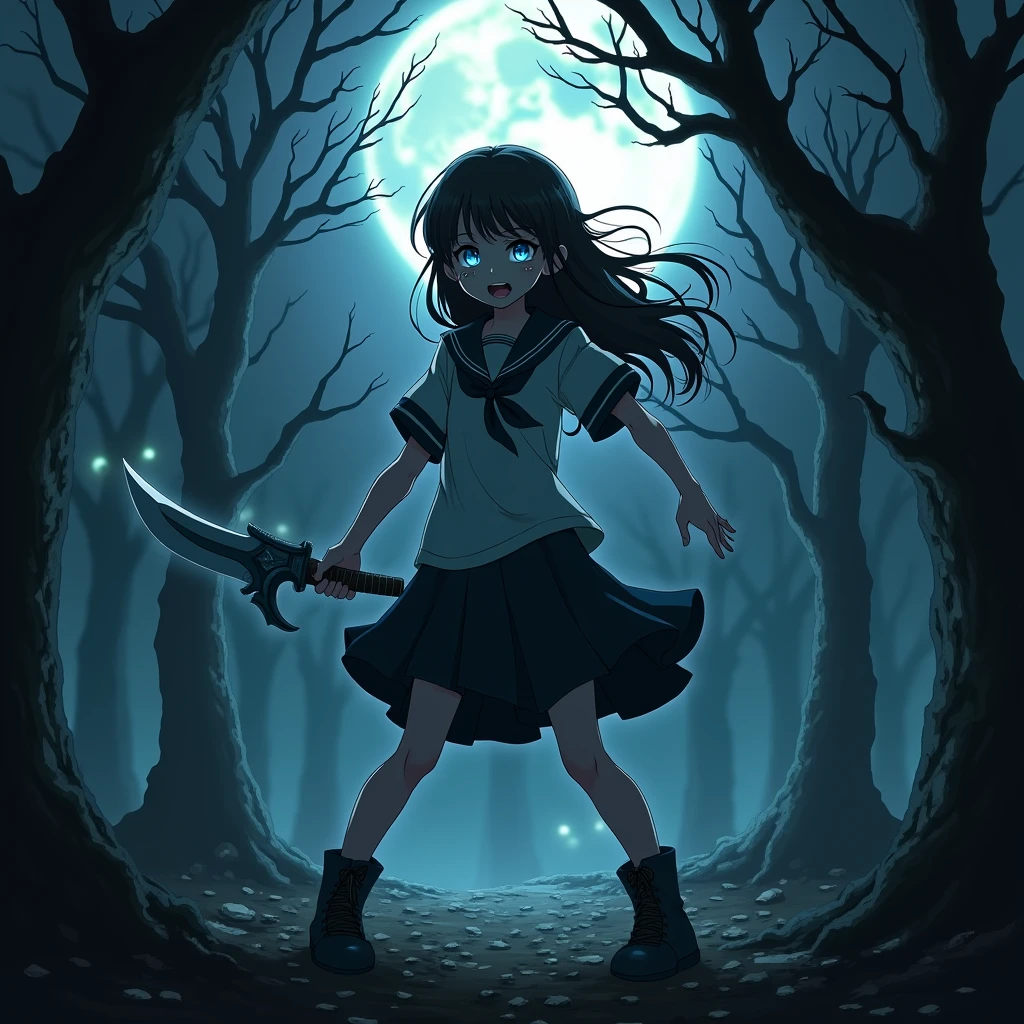 An anime girl with a frightening and aggressive expression, wearing a torn school uniform, stands in a dark and foggy forest environment. In the background, twisted trees with bare branches and fallen leaves cover the ground. A full moon illuminates the scene, casting long, sinister shadows. Glowing eyes can be seen between the trees, watching the scene. The girl holds a curved blade, her posture is one of defense and attack, with a faint ghostly glow around her body, suggesting hidden power. The image is in high quality 8k, highlighting the details of her expression and the environment around her.