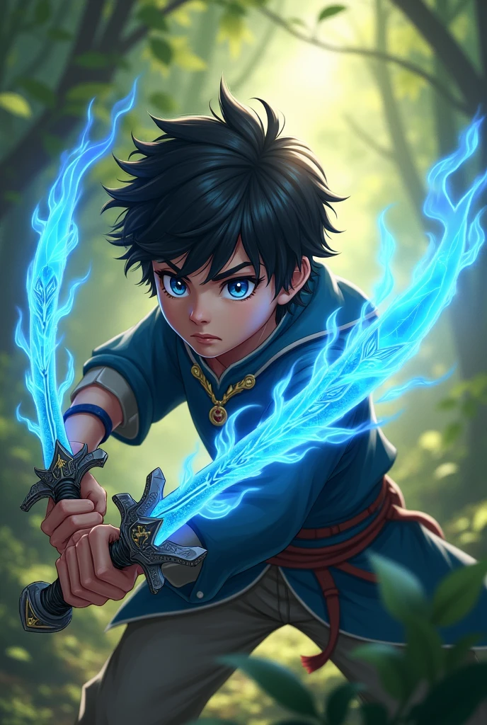A boy with black hair and bright blue eyes, holding two different daggers, with blue flames on their blades, he is in a dynamic pose as if he is in combat in a forest.
