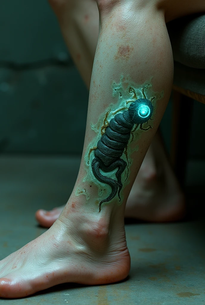 Extreme close-up of a human leg, revealing a translucent patch of skin with a grotesque, alien-like parasite writhing beneath. Hyper-realistic details capture every hair follicle, pore, and vein. Eerie blue-green bioluminescence emanates from the parasite, contrasting with the warm flesh tones.