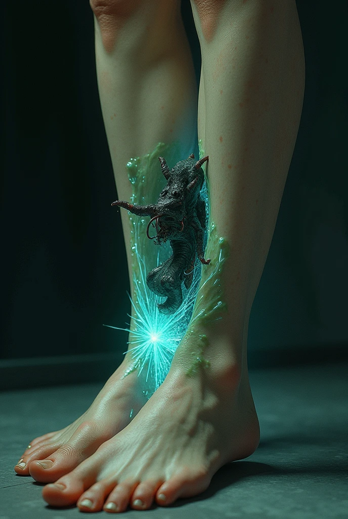 Extreme close-up of a human leg, revealing a translucent patch of skin with a grotesque, alien-like parasite writhing beneath. Hyper-realistic details capture every hair follicle, pore, and vein. Eerie blue-green bioluminescence emanates from the parasite, contrasting with the warm flesh tones.