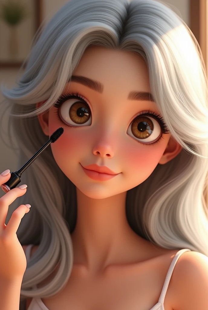 Pixar young woman long silver hair brown eyes doing eyelashes 