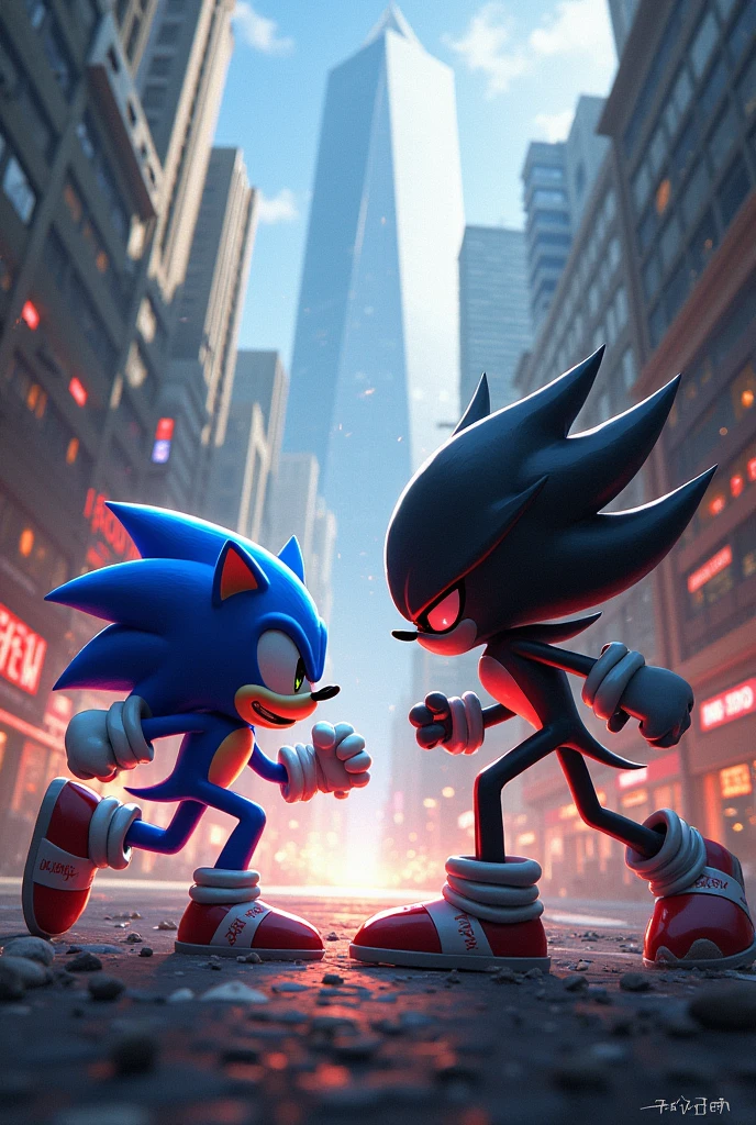 Shedow fighting with sonic in a city 