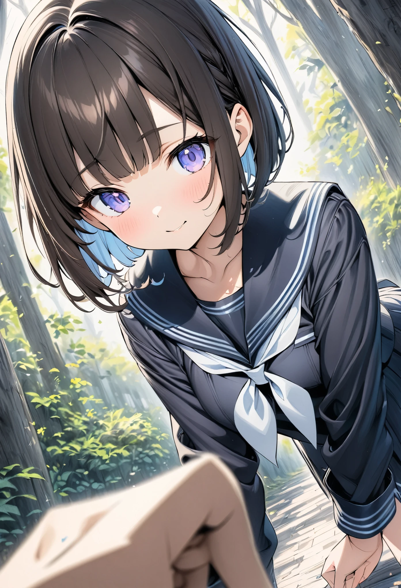 ((style:Colored pencil,pale colour)),(anime)、(masterpiece:1.2),middle ages、Atmospheric perspective,Lens flare、Navy blue sailor suit、girl、cute、Hair color is brown、Her hairstyle is a bob cut with longer sides、in the forest、Light、front