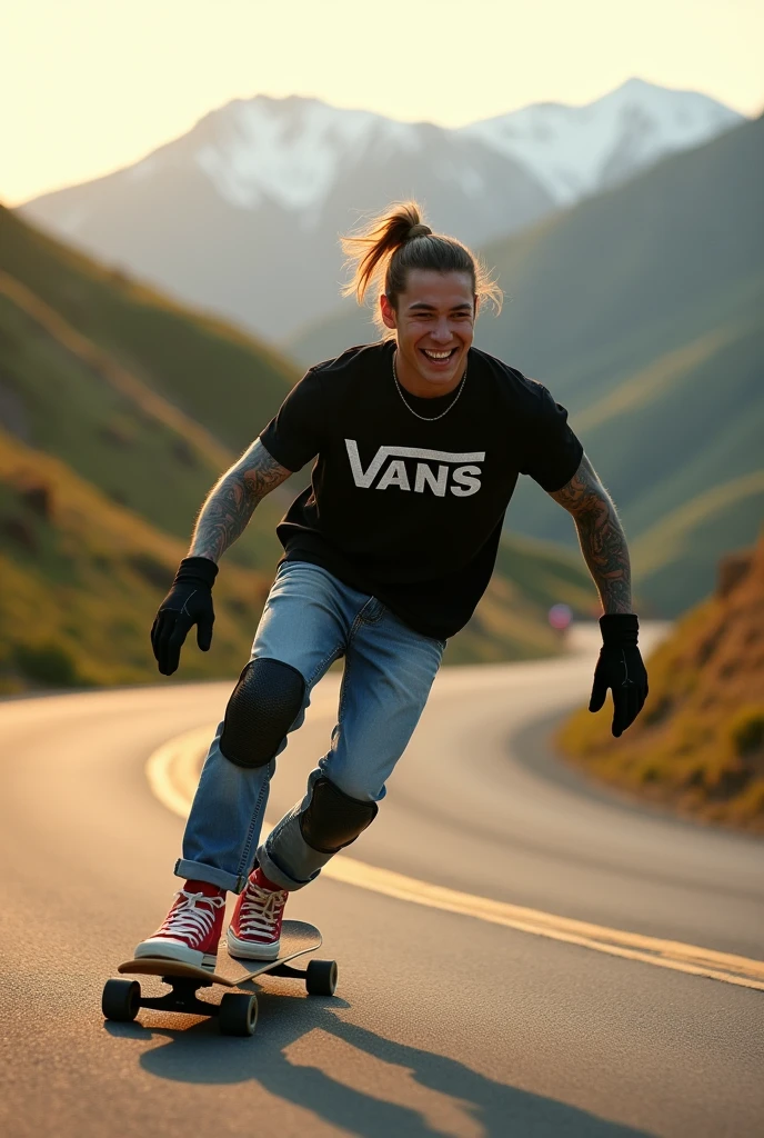 An adrenaline-filled shot of a Korean youn man with man bun hair covered in tattoos on his arms, confidently riding a skateboard down a winding mountain road, framed by the golden light of the setting sun. He is wearing a black t-shirt with a vintage VAN logo on his chest and a bag on his back, and denims jeans and use red converse shoes. The man dimple smiles at the camera, his hands protected by black gloves, adding a personal touch to the thrilling scene. He also wears knee and elbow pads, ensuring safety as he navigates the turns with ease. The background features rolling green hills and snow-capped mountains in the distance, creating a stunning contrast to the rider’s dynamic movements, amplifying the excitement. In the distance. The image exudes the thrill of downhill skateboarding, the beauty of the natural scenery, and the fearless energy of the rider, with an Instagram-worthy atmosphere.